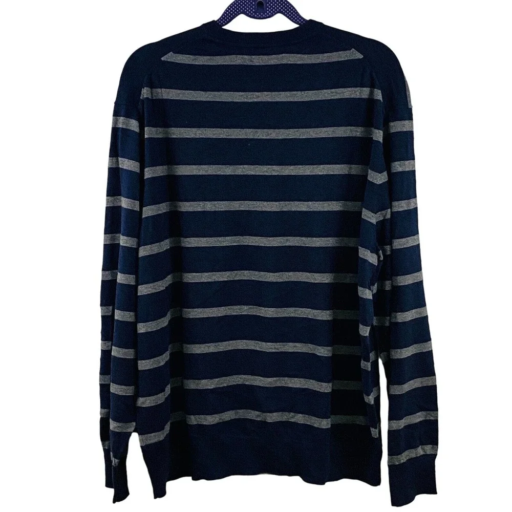 Mens XL Cremieux Classics Sweater V-Neck Knit Blue Gray Stripe Cotton Silk Blend